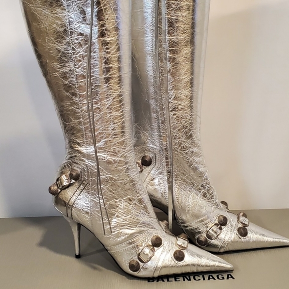 BALENCIAGA CAGOLE 90MM KNEE HIGH BOOTS IN SILVER SIZES US SZ 6 RETAIL $2,550 - Picture 10 of 14